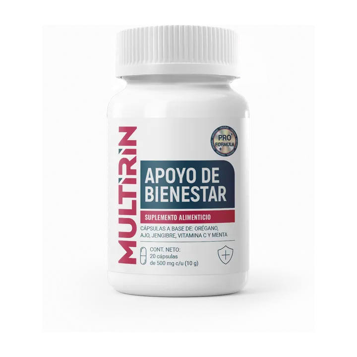 Envase de Multirin, 20 cápsulas de 500 mg c/u (10 g)